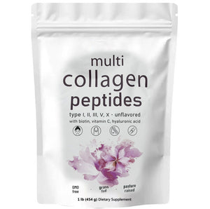 Multi Collagen Peptides Powder, 16 Oz (1 lb) | Hydrolyzed Protein Peptides Type I,II,III,V,X With Hyaluronic Acid | Biotin | Vitamin C | Unflavored | Keto & Paleo Friendly | Ez Mix In Drinks