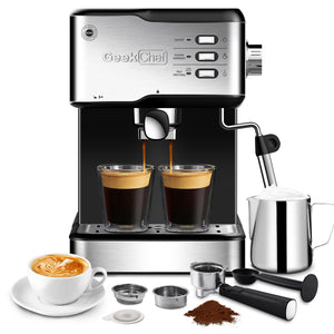 Geek Chef Espresso Machine | Espresso & Cappuccino Latte Maker 20 Bar Coffee Machine Compatible With ESE POD Capsules Filter & Milk Frother Steam Wand, 950W, 1.5L Water Tank