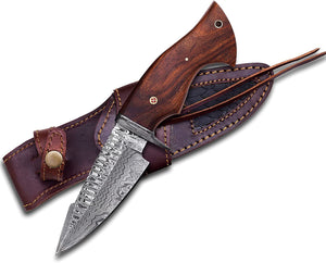 Hand Made Damascus Fixed Blade Hunting Knife with Sheath | Camping Knife | Skinning Knife