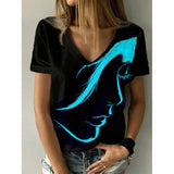 Fashion Women's Wear Abstract Portrait T-shirt Print Summer V-neck Shirt