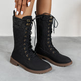 Lace Up Boots Winter Cowboy Boots Women Block Heel Round Toe Shoes - Unbeatable_Sale