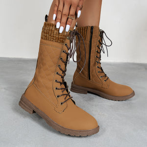 Lace Up Boots Winter Cowboy Boots Women Block Heel Round Toe Shoes - Unbeatable_Sale