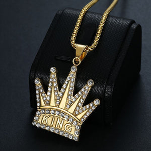 European And American Hip-hop Hiphop Jewelry Titanium Steel/stainless Steel Gold-plated Diamond KING King Crown Pendant Necklace