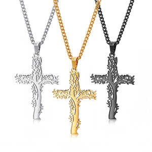 New Titanium Steel Men's Tree Of Life Cross Necklace Personality Hip-hop Tide Brand Stainless Steel Cross Necklace