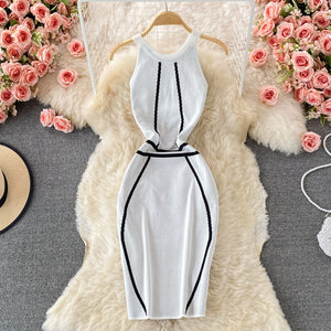 Slimming And Slimming Retro Halter Neck Off-shoulder Stretch Tight Knitted Dress Fashion Color Matching Hip Bottoming Skirt