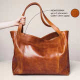 Women's Large Bag With Pockets Soft Leather Hand-held One-shoulder Retro Oil Wax Leather Large Capacity 2022 New Tote Bag Women