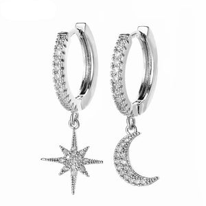 S925 Silver Ear Buckle Asymmetric Star-moon Earrings Summer Net Red All-match Temperament Simple Female Earrings Are Thin And Super Fairy