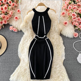 Slimming And Slimming Retro Halter Neck Off-shoulder Stretch Tight Knitted Dress Fashion Color Matching Hip Bottoming Skirt