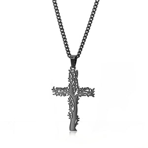 New Titanium Steel Men's Tree Of Life Cross Necklace Personality Hip-hop Tide Brand Stainless Steel Cross Necklace