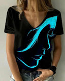 Fashion Women's Wear Abstract Portrait T-shirt Print Summer V-neck Shirt